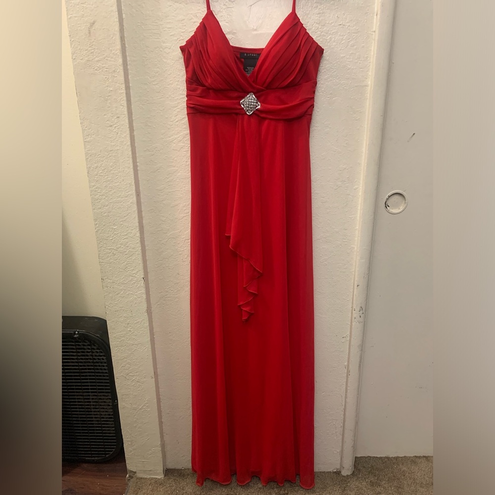 B. Smart Small Red Lined Chiffon Spaghetti Strap Rhinestone Accent Gown Dress